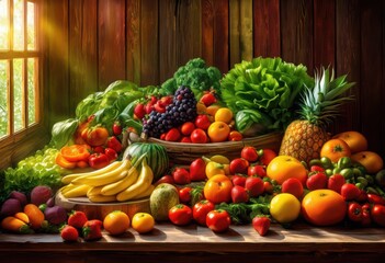 colorful array fresh fruits vegetables forming stunning rainbow display wooden surface, lgbtq, lgbt, pride, love, equality, vibrant, colors, arrangement