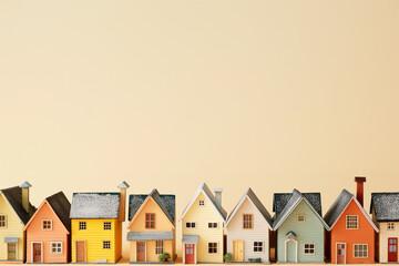 A row of small houses in a row on a pastel background. Real estate and investment concept. Houses background. Generative AI