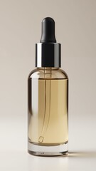 Fototapeta premium Elegant glass dropper bottle filled with golden serum on a soft beige background
