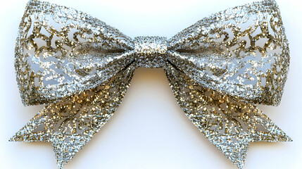 A glittery silver bow with delicate patterns against pure white background.