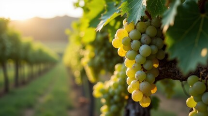 Fototapeta premium Clusters of ripe grapes glistening on a sunlit grapevine in the vineyard