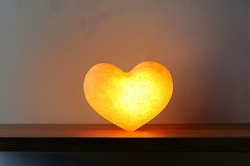 A glowing heart-shaped lamp on a wooden table against pure white background.