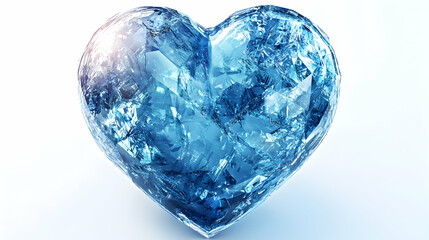 A blue crystal heart glowing softly against pure white background.