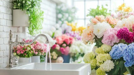 Obraz premium Close up water flows from the tap into a large white sink, pastel colors image without shadows and dark colors, flower shop , surrounded by an array of vibrant pastel-colored flowers.