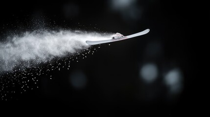 Ski airborne, snow spray, dark background, winter sports action