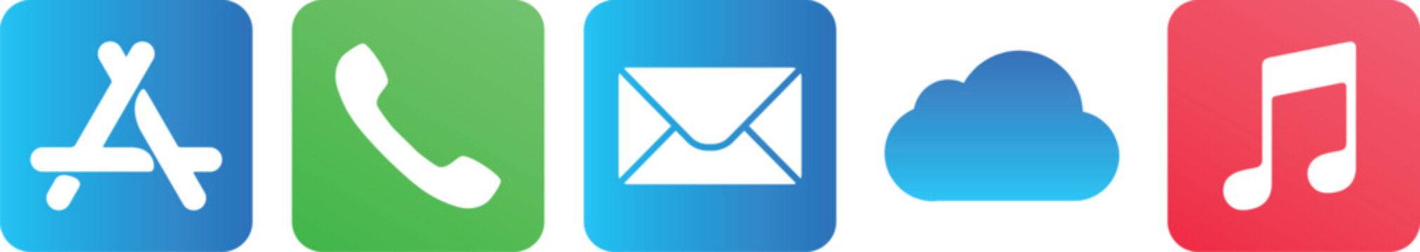 Apple service icons set featuring Mail, App Store, iCloud, Apple Music, and Call. Editorial vector.