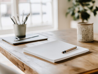 Minimalist Wooden Desk with Notepad, Pen, and Soft Natural Lighting in a Cozy Home Office