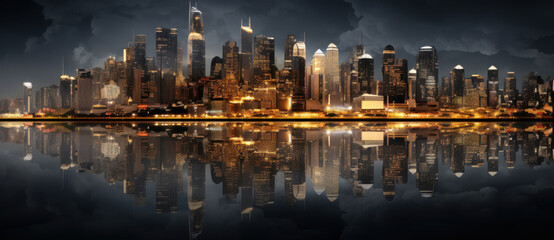 Fototapeta premium Stunning city skyline at night with reflections on water, showcasing modern architecture and vibrant lights. atmosphere is dramatic and captivating