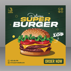 Square Delicious Super Burger Poster or Flyer For Restaurant and Marketing Purposes, Food Poster, Food Banner, Food Flyer, Restaurant Poster, Restaurant Banner, Restaurant Flyer