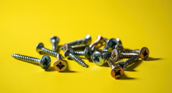 Scattered metal screws on yellow background