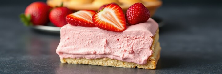 Delicious strawberry cream dessert served on a plate with fresh strawberries in the background