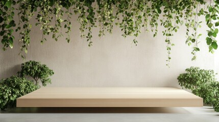 A podium adorns a serene setting with cascading greenery above.