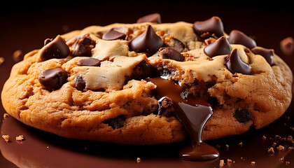 Close-up of a warm, gooey chocolate chip cookie with melted chocolate dripping down.  Perfect for food blogs, bakery websites, or advertising campaigns showcasing delicious baked goods.