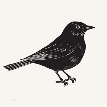 Vector lino cut print of a black thrush bird Blackbird Turdus merula icon isolated on white background. Vector illustration for nature design