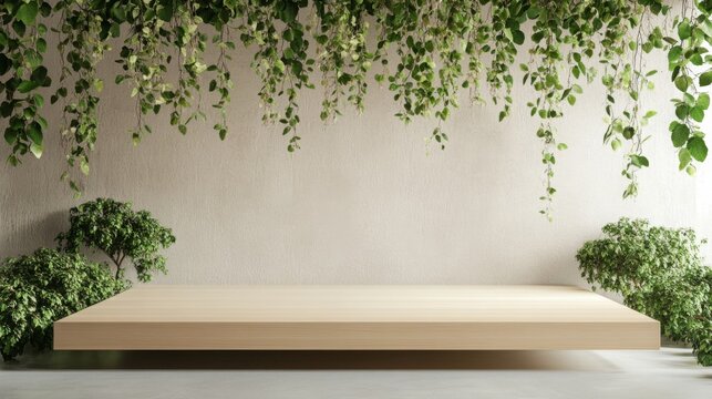 A podium adorns a serene setting with cascading greenery above.