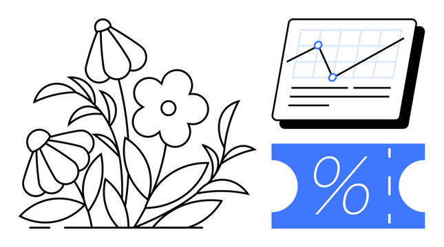 Flowers blooming beside a data chart showing upward trend and a discount ticket. Ideal for business growth, nature balance, eco-investment, sustainable finance, eco-friendly deals, financial bloom