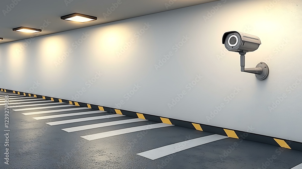 Wall mural a symbolic representation of surveillance with a single security camera attached to a featureless wh