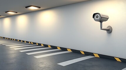 A symbolic representation of surveillance with a single security camera attached to a featureless white wall in a well-lit environment