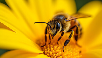 Close-Up of a Bee Collecting Pollen on a Vibrant Yellow Background