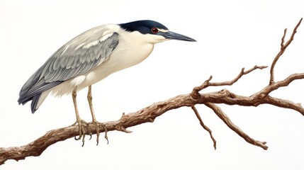 Fototapeta premium Night Heron perched on branch, white background, nature illustration, wildlife poster