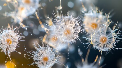 Microscopic fungi spores airborne, dark background, science research