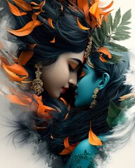 Fototapeta premium Ethereal Portrayals of Divine Celestial Love and Spiritual Bond Stunning portrait of two entwined figures in a graceful dance