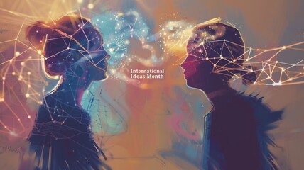 Creative concept of international ideas month with abstract silhouettes and connected lines