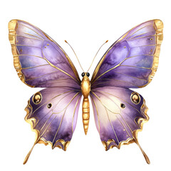 A vibrant butterfly with intricate purple wings and golden accents.
