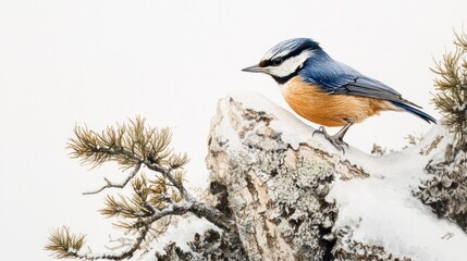 Fototapeta premium Nuthatch perched on snowy rock, winter scene, nature photography, wildlife