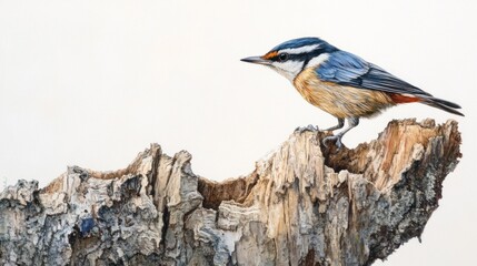 Fototapeta premium Nuthatch perched on wood, white background, nature art