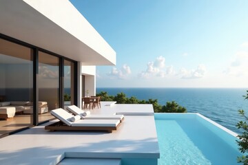 Fototapeta premium Sleek minimalist villa, expansive terrace overlooking ocean, modern villa, design, concrete