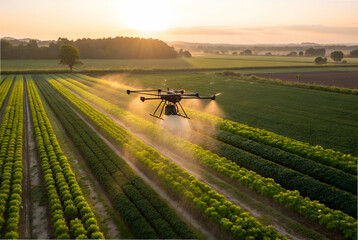 Drone Spraying Crops at Sunrise Over Lush Green Fields