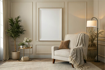 Fototapeta premium Elegant Beige Living Room Interior Design with Armchair and Gold Frame