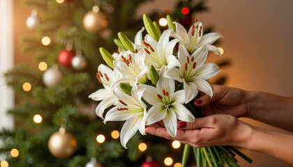 Hands exchanging white lilies in front of Christmas tree, festive joy