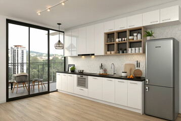 Modern White and Wood Kitchen with City View Balcony
