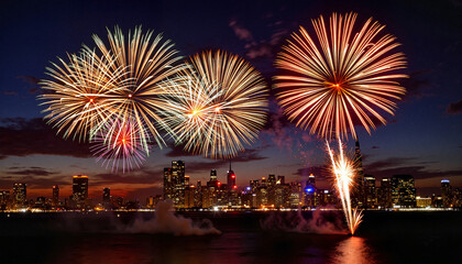 Obraz premium Midnight fireworks display illuminating city skyline, festive celebration