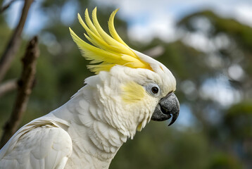 Sulphur Crested Cockatoo Portrait A White Bird with Yellow Crest, Close Up