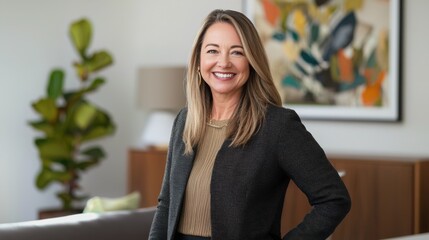 Confident Caucasian woman in her 40s smiles warmly. She's wearing a dark blazer over a taupe top, in a modern, minimalist home setting.