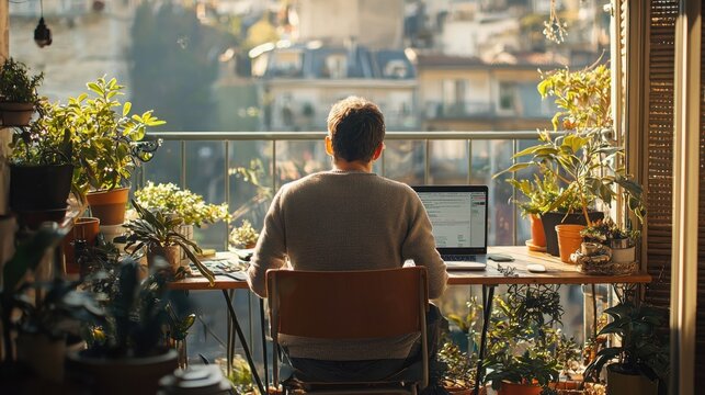 Man working remotely on his laptop from a balcony garden. The sun shines on the plants and the city view beyond.