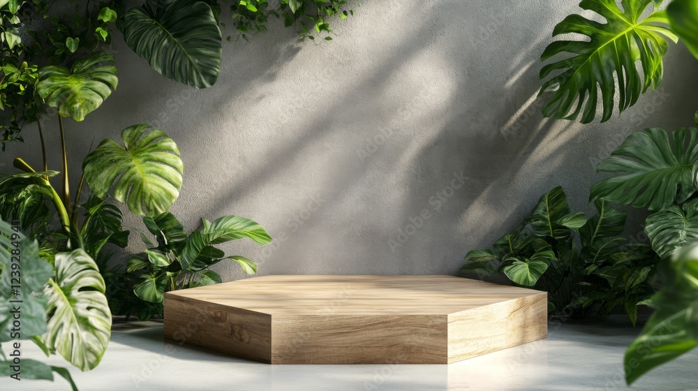 Aufkleber A wooden hexagonal podium is positioned in a serene indoor setting bathed in natural light. Surrounding tropical plants create a vibrant spring atmosphere, enhancing the fresh feel of the space.