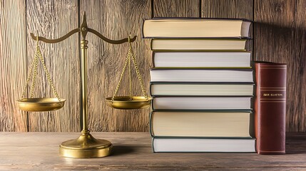 A minimalist lawyerâ€™s desk arrangement with a golden justice scale, legal documents, and hardcover books, with soft focus emphasizing the objectsâ€™ importance