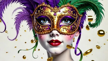Mardi gras background with A woman wearing a purple mask with gold trim. The mask is on a white background. The woman has red lips and blue eyes