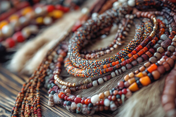 Close-up of Khanty traditional jewelry made of beads and fur displayed on a wooden table.