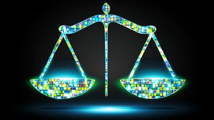 A minimalist depiction of a justice scale glowing with soft vibrant colors, floating on a pitch-black background for a striking effect