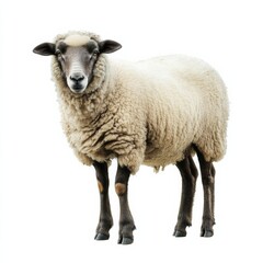 Fototapeta premium Full Body Sheep Portrait Fluffy Wool, Dark Legs, Isolated on White, Farm Animal Photography Sheep, Livestock photography