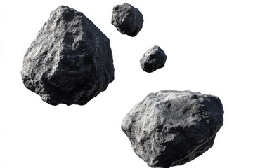 Obraz premium Four Gray Rocks Falling, 3D Render, Space Debris, Asteroid Field, 3D Modeling Asteroid, Space Rock