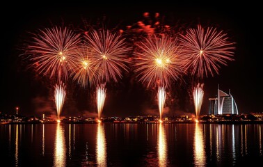 Fototapeta premium Spectacular Nighttime Fireworks Display Over Water with Reflection of Colorful Explosions and Modern Architecture in Background