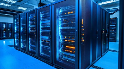 Glowing Server Racks Data Center Composition, Blue Lit Servers, Network Technology, Data Storage Server Room, Data Center