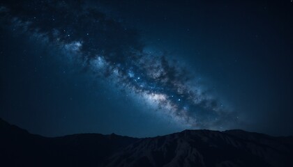 Starry night sky over mountains, serene mood, visible Milky Way, dramatic landscape background, copy space