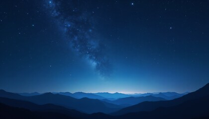 Naklejka premium A clear starry night sky filled with countless bright stars, with a silhouette of distant mountains below, soft natural lighting, calm and expansive composition 